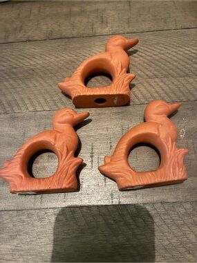 Set of 3 Vintage Terra Cotta Clay Duck Napkin Ring Holders